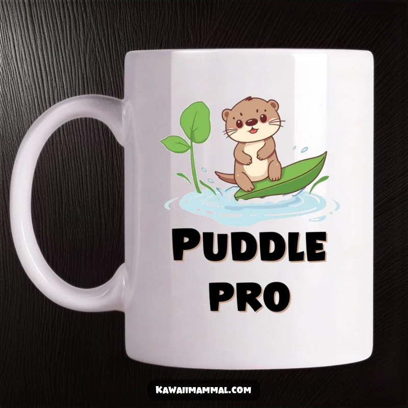 Funny Kawaii Otter Mug: A cute otter hilariously surfs a giant leaf in a small puddle, showcasing pure, funny aquatic determination.