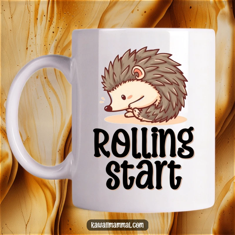 Funny Kawaii Hedgehog Mug: A cute hedgehog is hilariously curled into a ball, rolling downhill with pure, funny abandon.