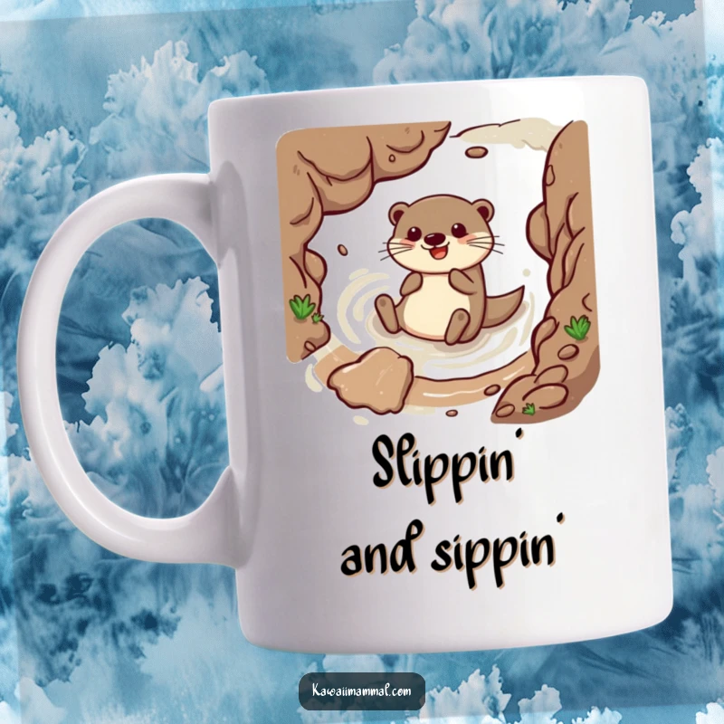 Funny mug featuring a happy otter character with a sleek body joyfully sliding down a muddy embankment, capturing pure aquatic fun.