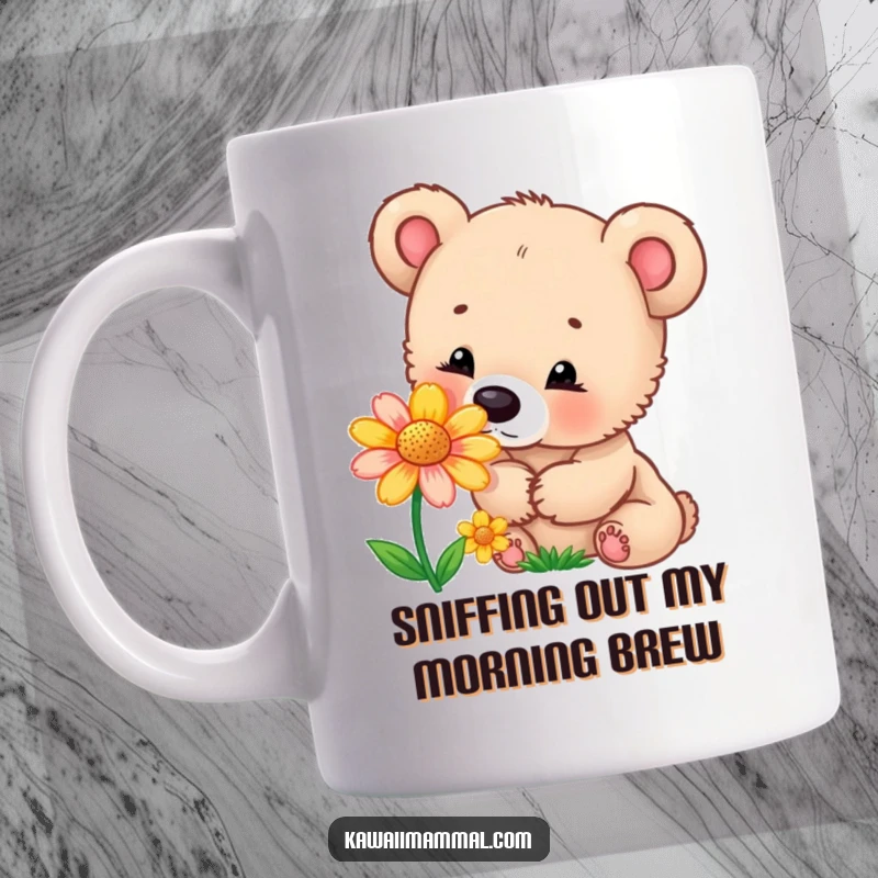 Funny mug featuring a curious bear cub sniffing a vibrant, colorful flower, evoking innocence and the joy of discovery.