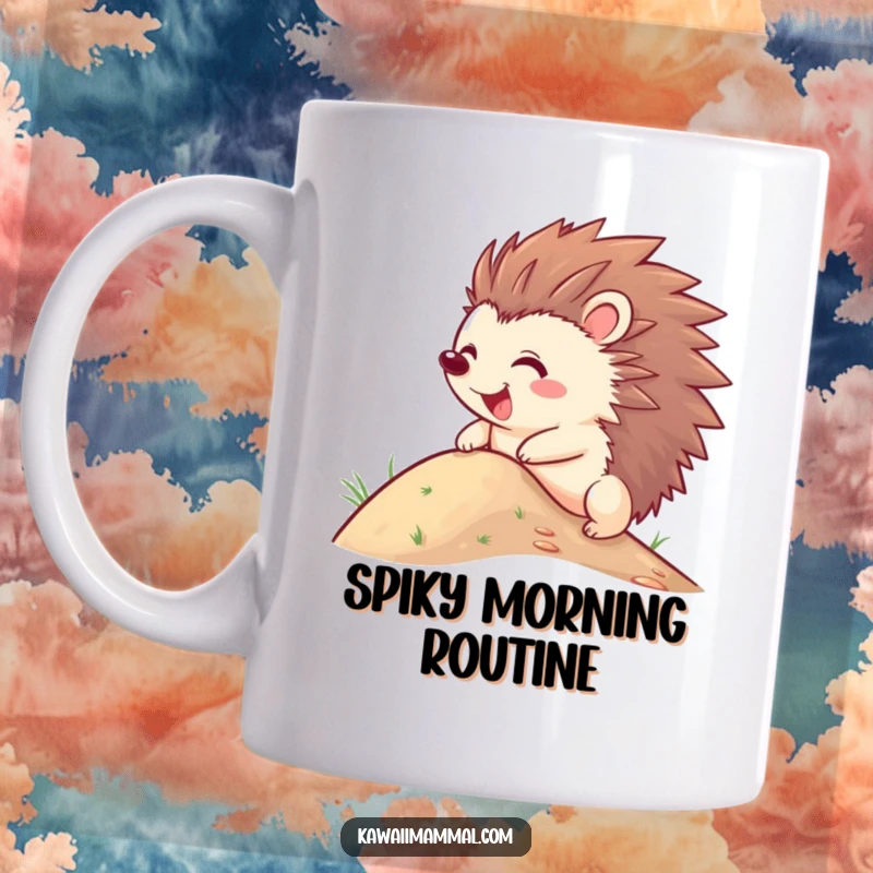 Funny Hedgehog Mug featuring a joyful character with quills out, hilariously attempting to roll down a steep hill with sheer determination.