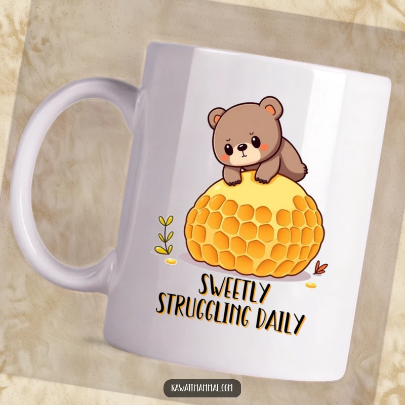Funny mug featuring a determined bear character precariously balancing on a giant honeycomb, showing effort and humor.