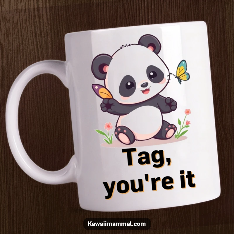 Funny Kawaii Panda Tag Mug: A cute panda comically tries to play tag with a fluttering butterfly, full of funny, gentle energy.