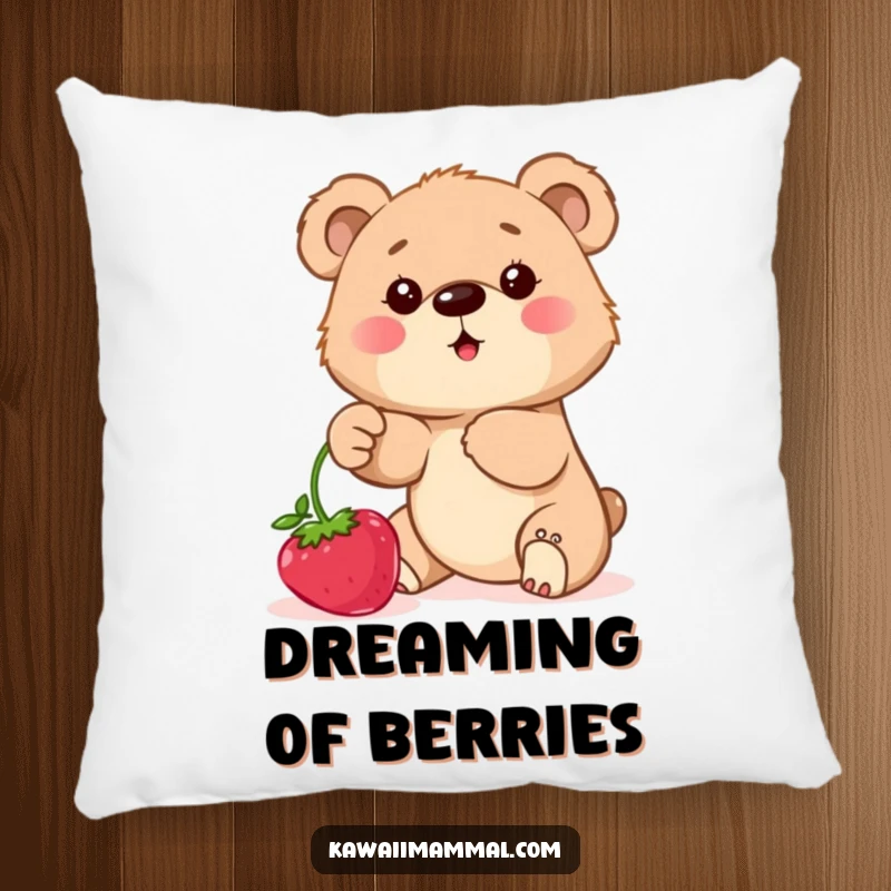 Funny Pillow with a determined bear cub reaching for berries, offering comfort and humorous inspiration.
