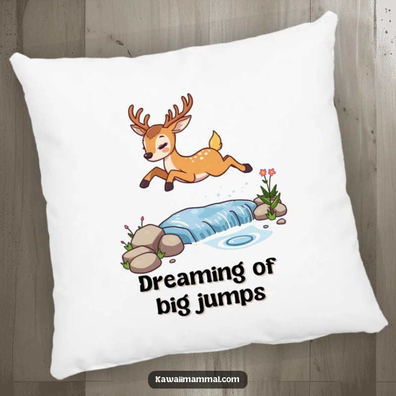 Funny determined deer pillow, showing its determined leap over a sparkling stream, adding a touch of humor to any cozy space.