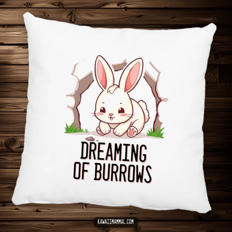 Cute and funny rabbit character, energetically digging, on a soft and humorous pillow.