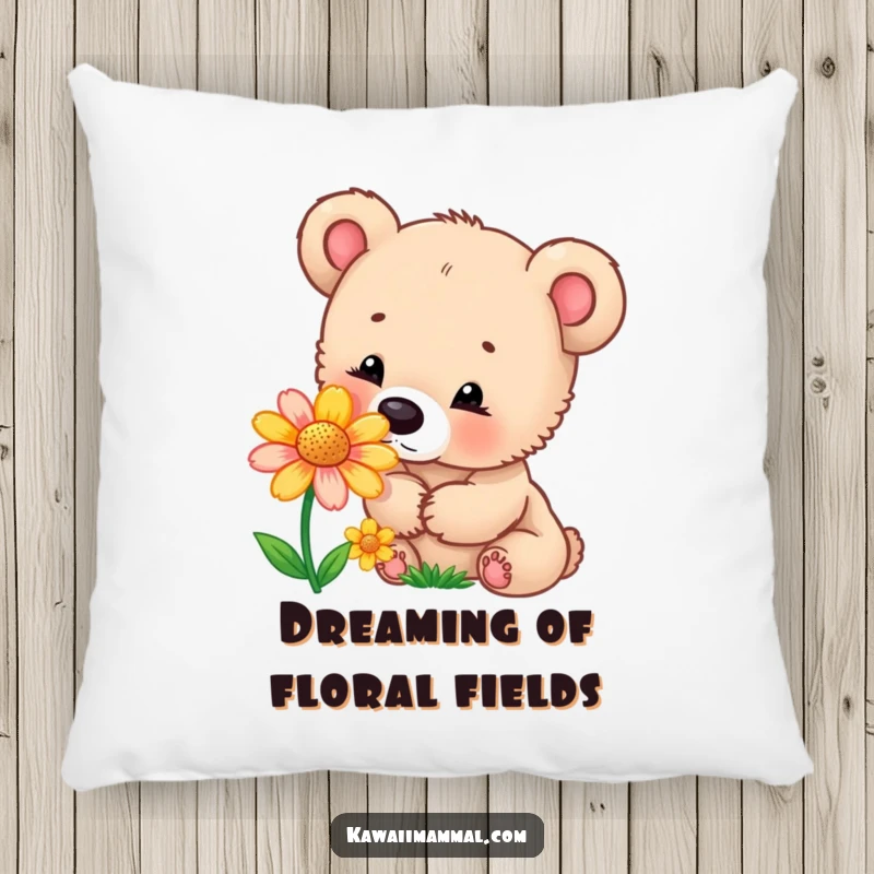 Funny pillow featuring a curious bear cub sniffing a colorful flower, offering comfortable support and a touch of gentle humor.