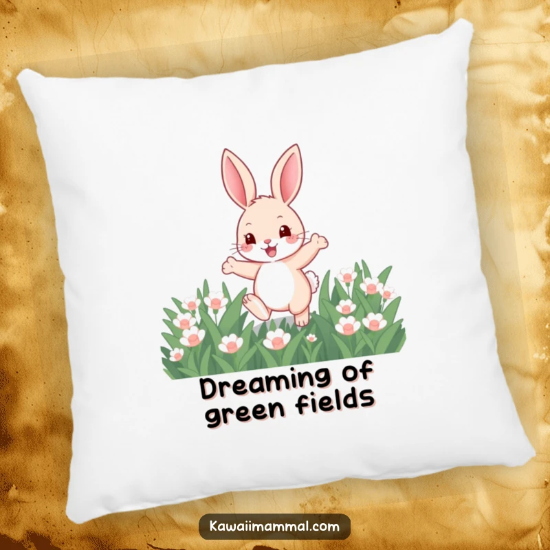 Funny pillow displaying a cute, animated bunny hopping enthusiastically through clover, offering a touch of comfort and humor.