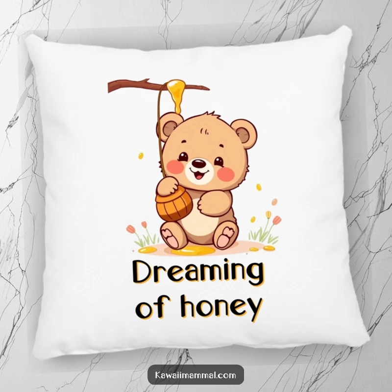 Funny, soft pillow depicting a kawaii bear cub reaching for a honey pot, offering cuddly comfort and charm.