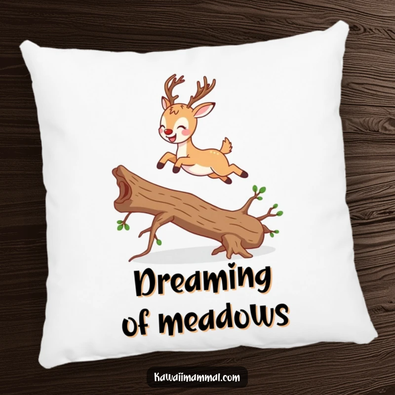Cute and funny deer character, mid-leap over a branch, on a soft and humorous pillow.