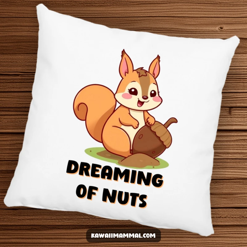 Funny kawaii squirrel, focused on its giant acorn, on a soft pillow, bringing cozy woodland humor.