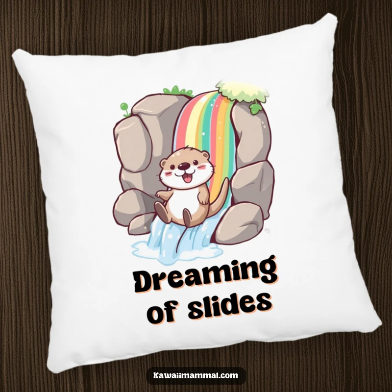 Funny otter pillow featuring a playful character joyfully sliding down a rainbow waterfall, offering cozy comfort and a splash of vibrant joy.