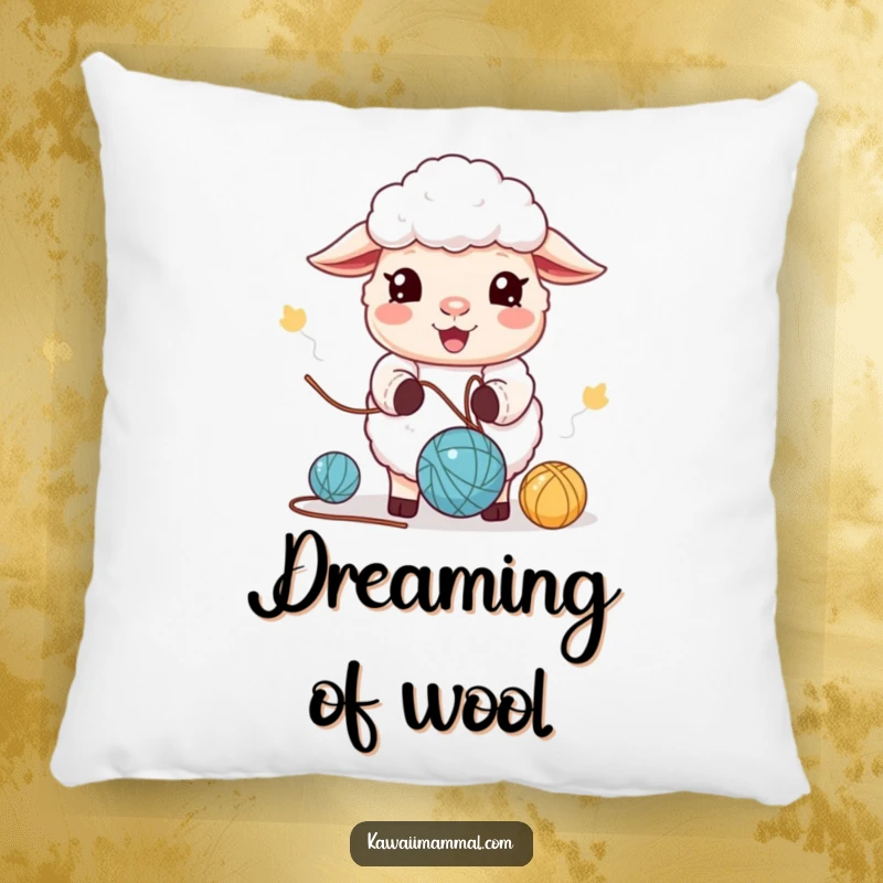 Funny Pillow: A soft pillow featuring a cute kawaii sheep juggling yarn balls. Cute and humorous funny gift.