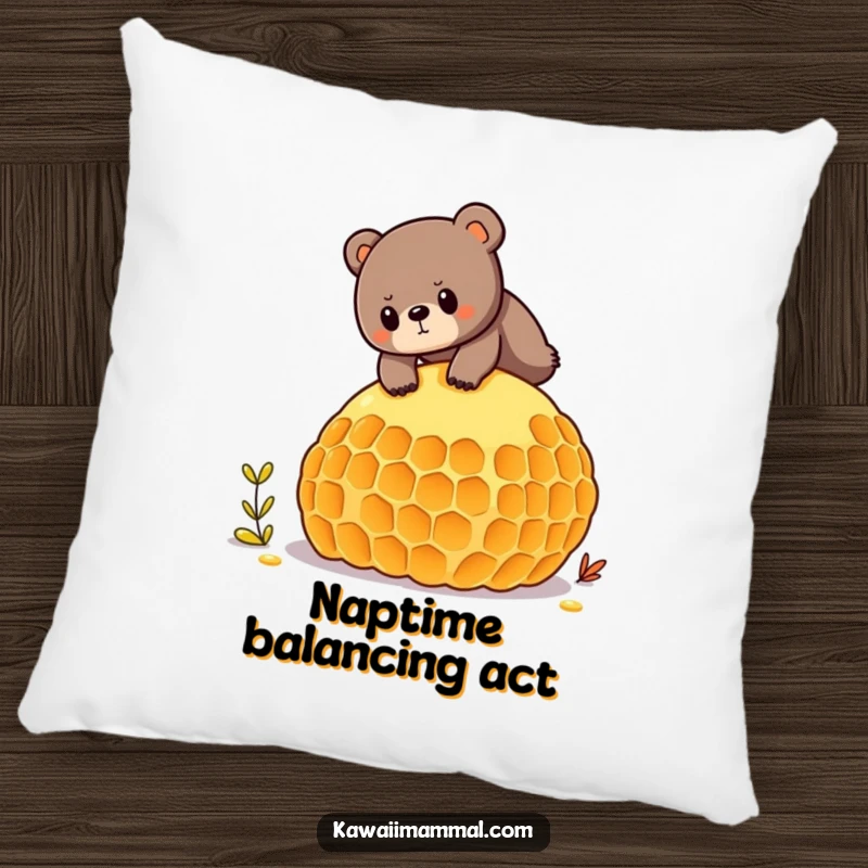 Funny pillow featuring a determined bear balancing on a giant honeycomb, offering comfort and humorous appeal.