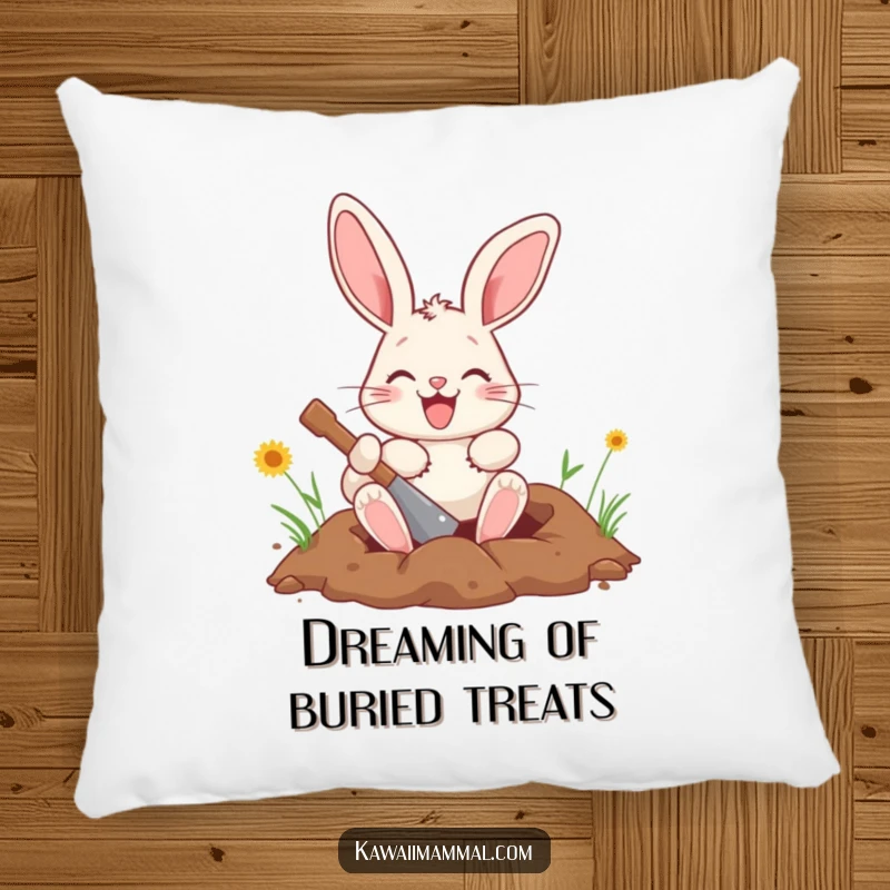 Funny bunny pillow with a detailed illustration of a happy character enthusiastically digging a hole, adding comfort and humor.