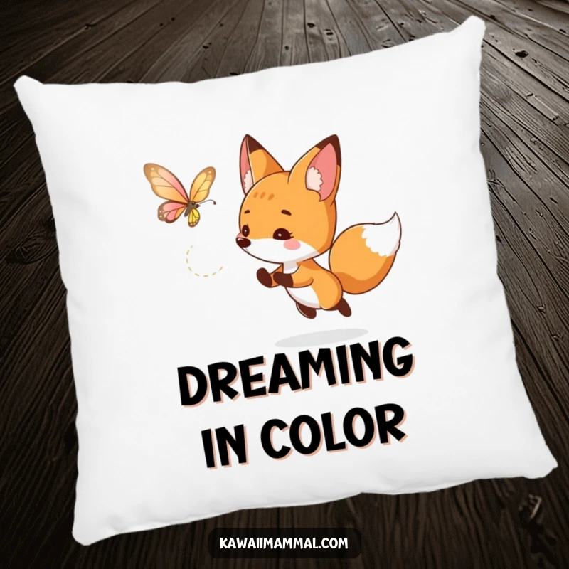 Funny fox pillow featuring a curious character playfully chasing a luminous butterfly, offering soft comfort and a touch of whimsical adventure.
