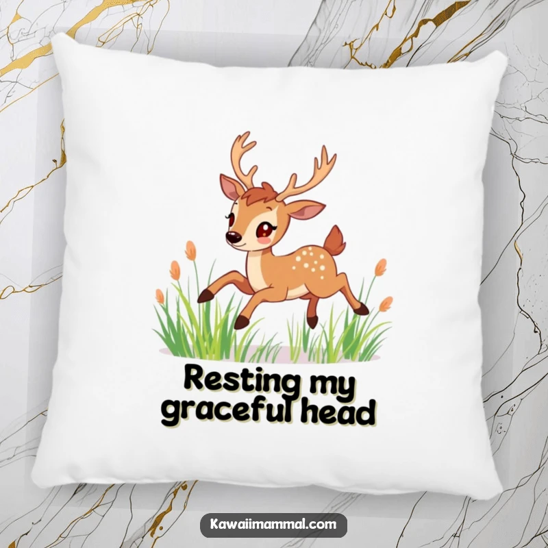 Funny Pillow: A plush pillow featuring a graceful deer with antlers leaping through tall grass, perfect for serene comfort.