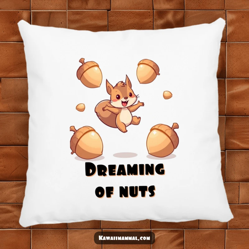 Funny squirrel pillow featuring an energetic character leaping between giant, sparkling acorns, offering cozy comfort and a spark of playful energy.