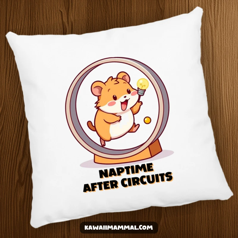 Funny pillow showing a happy hamster on a wheel that powers a small, bright light bulb, perfect for a cozy space.