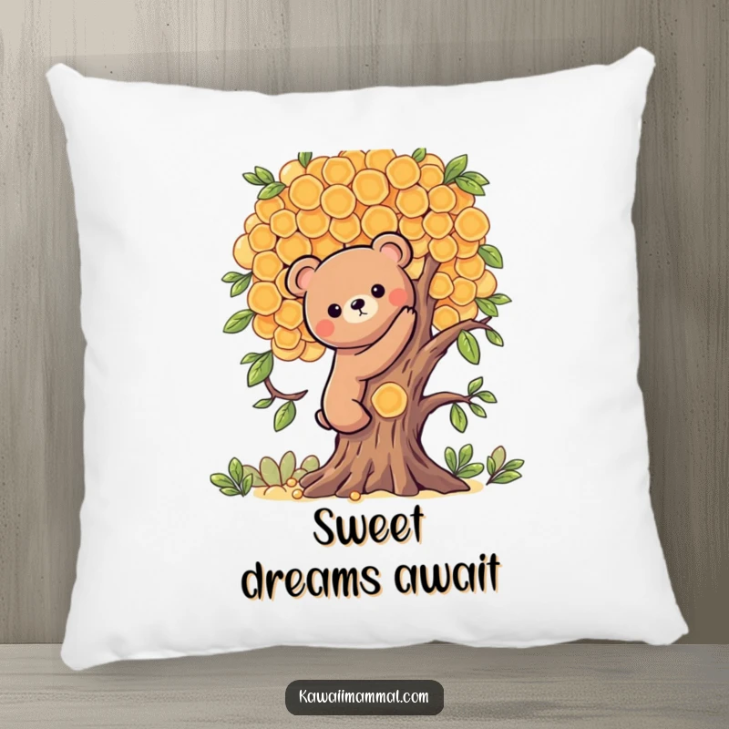 Funny, soft pillow featuring a Kawaii bear character climbing a honeycomb tree, providing comfort and humorous, adventure-themed coziness.