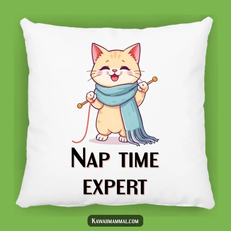 Funny Kawaii Cat Knitting Pillow - Cute Feline Crafter Comfort Gift