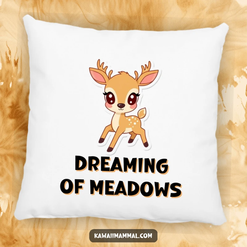 Funny kawaii deer with big eyes, depicted prancing gracefully, on a soft pillow, adding cute and humorous decor.