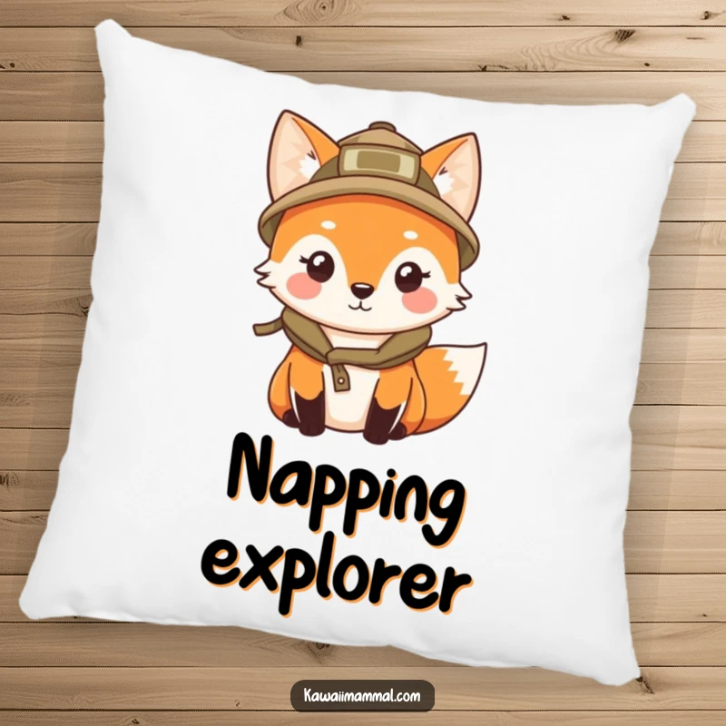 Funny, soft pillow depicting a kawaii fox in an explorer hat, curiously peering, offering cozy comfort and adventure.