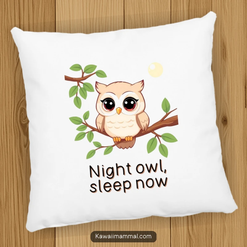 Funny kawaii owl pillow with a detailed illustration of a character perched on a branch, observing with wide eyes, adding comfort and humor.