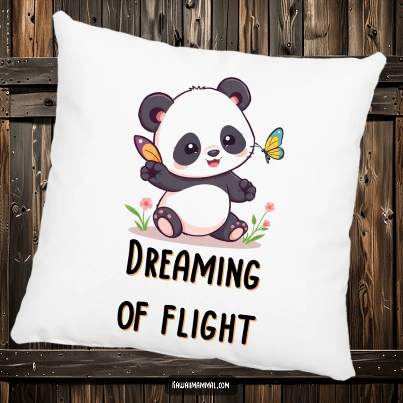 Funny Kawaii Panda Pillow: A soft cushion featuring a cute panda humorously trying to tag a butterfly, adding funny comfort.