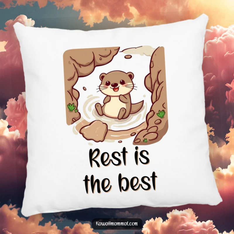 Funny pillow featuring a happy otter sliding down a muddy embankment, offering comfort and a humorous splash of aquatic joy.