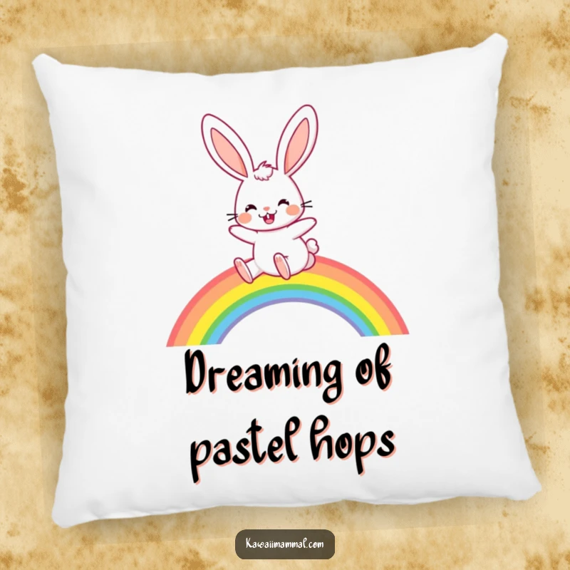 Funny Pillow: A plush pillow featuring a joyful rabbit with floppy ears hopping over a rainbow, perfect for cheerful relaxation.