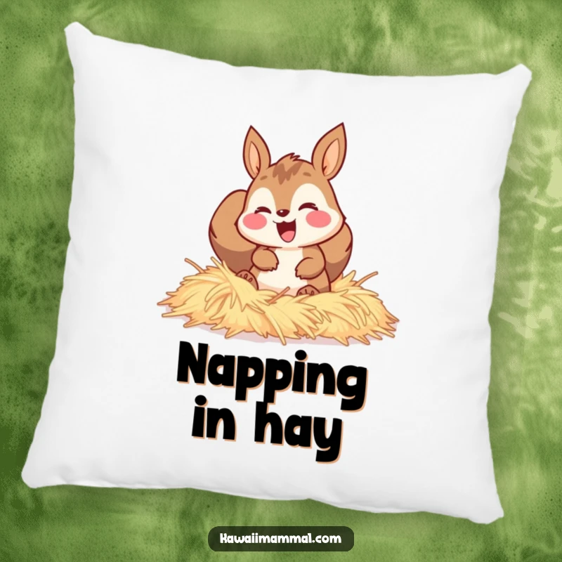 Funny pillow with a happy squirrel character joyfully burrowing into a pile of soft hay, radiating contentment.
