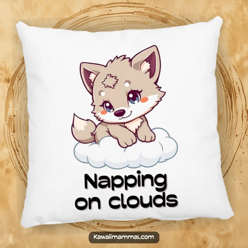 Funny Wolf Cub Pillow showing a playful cub with eager eyes, cautiously pouncing on a soft cloud, adding a touch of fantasy.
