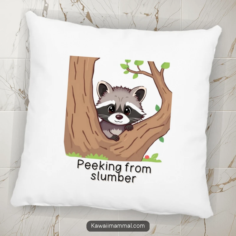 Funny decorative pillow showing a curious raccoon peeking from behind a tree, adding a touch of mystery.