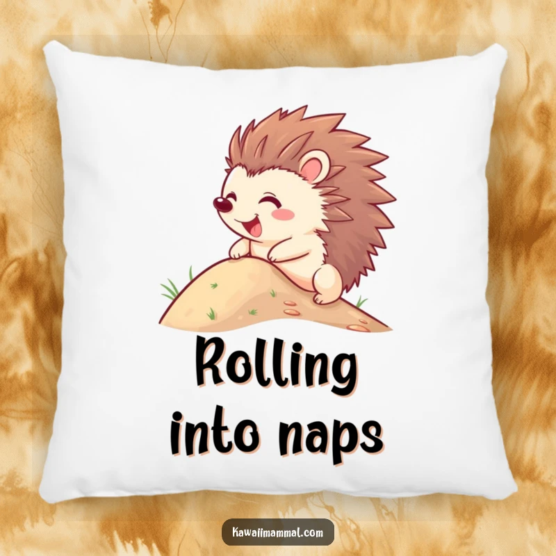 Funny Hedgehog Pillow showing a joyful character with quills out, comically attempting to roll down a hill, adding whimsy to any room.