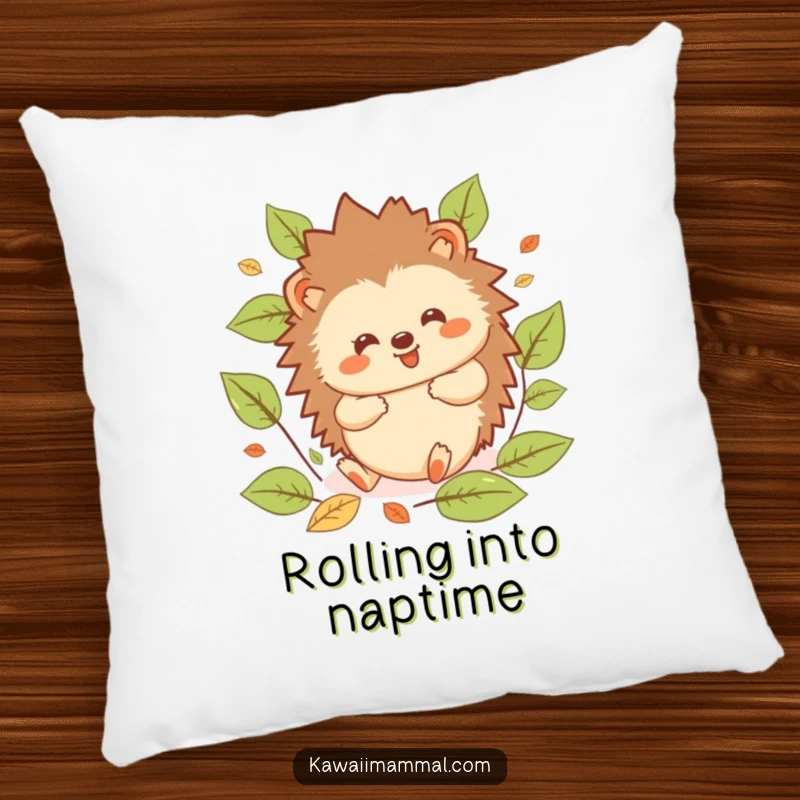 Funny Hedgehog Pillow: Soft kawaii hedgehog rolling gleefully among illustrated leaves, offering cute comfort and humorous appeal.