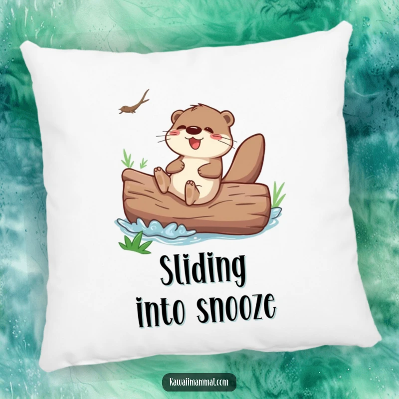 Funny otter sliding down a giant river log, designed on a soft pillow for cozy, playful decor.