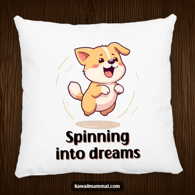 Funny, soft pillow featuring a Kawaii dog spinning dizzyingly while chasing its tail, providing comfort and playful canine humor.