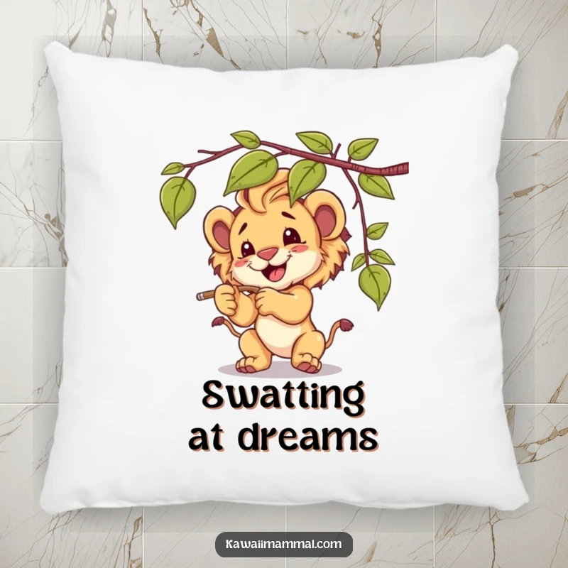 Funny lion cub pillow, playfully batting at a dangling vine, adding a touch of plush humor to any seating area.