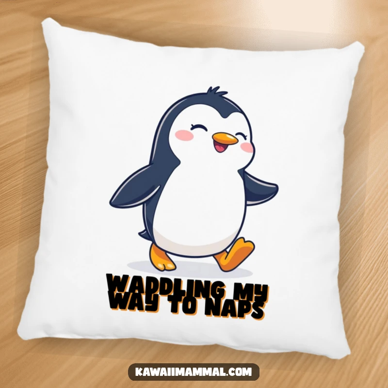 Funny pillow featuring a joyous penguin waddling with a determined stride, offering comforting support and humorous motivation.