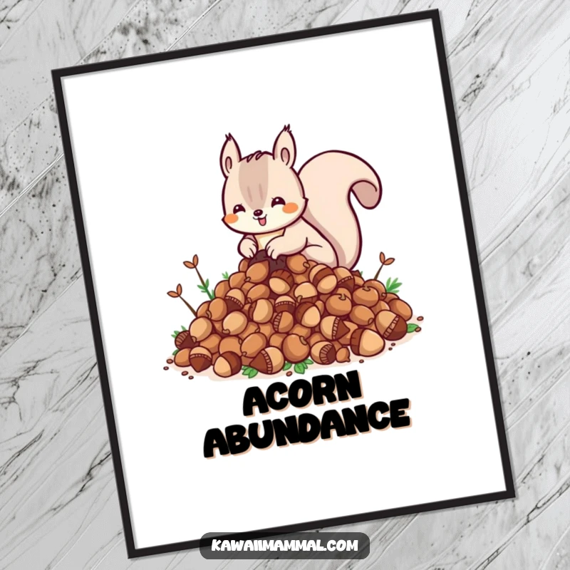 Funny Kawaii Squirrel Digital Art Print: A charming illustration of a cute squirrel enthusiastically burying a giant pile of acorns, ready for download.