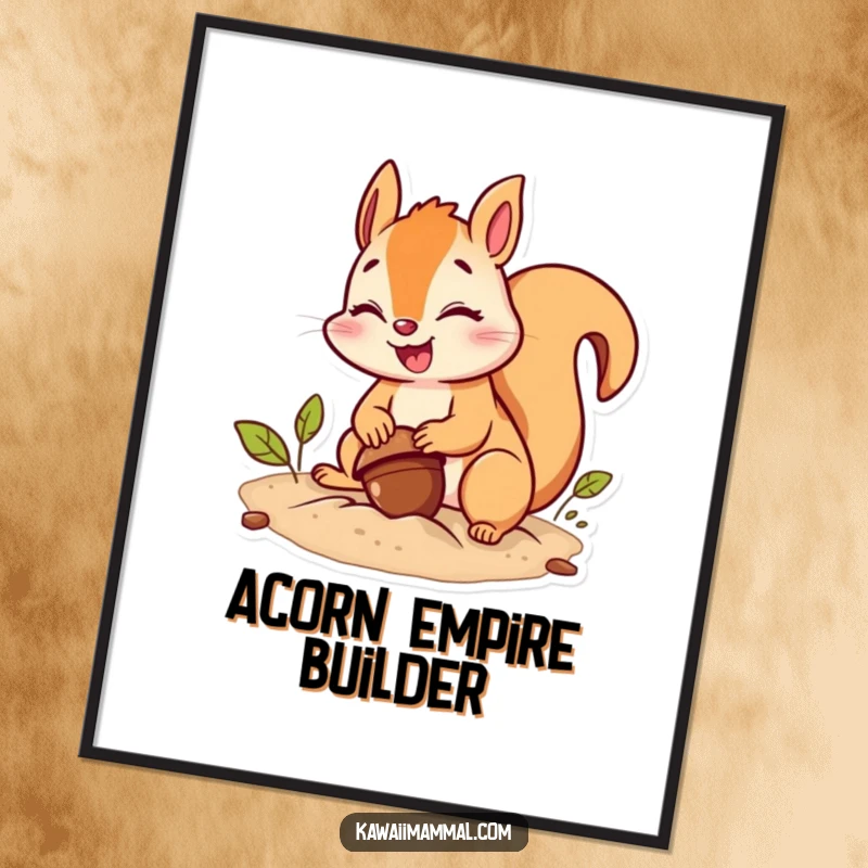 Funny squirrel digital art print of a giggling character burying an acorn with intense effort, creating humorous wall art.