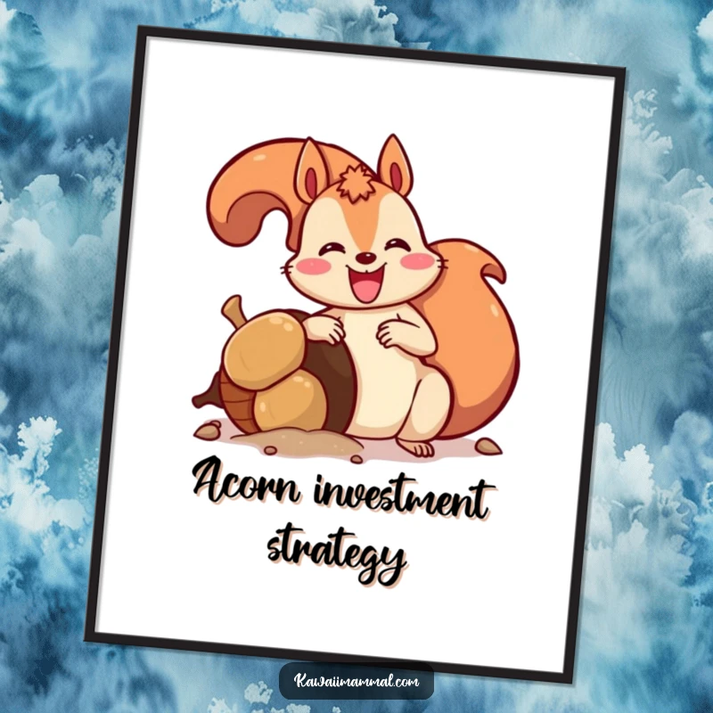 Funny digital art print of a delighted squirrel energetically burying an enormous acorn, capturing pure woodland joy and humorous preparation.