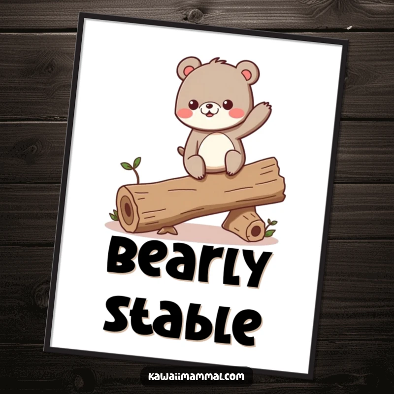 Funny digital art print of a curious bear character excitedly balancing on a wobbling log, full of adventurous spirit.