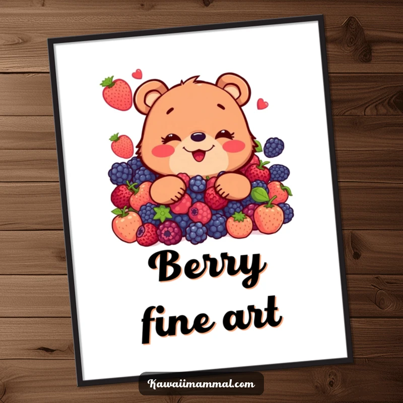 Funny digital art print of a joyful bear character with a massive grin, feasting on an abundance of delicious, colorful berries.