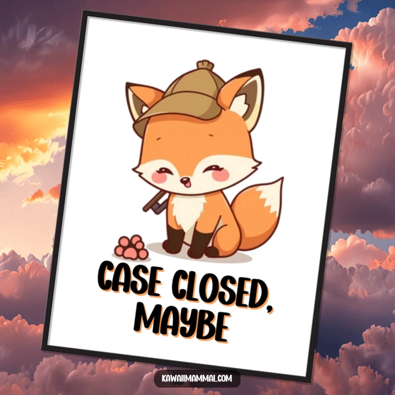 Funny fox character in a detective hat sniffing a paw print, as a digital art print for instant decor.