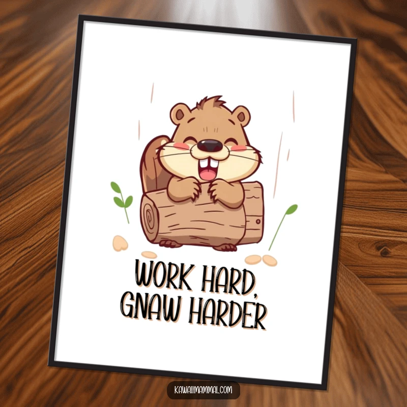 Funny beaver character energetically gnawing a large log, presented as a humorous digital art print.