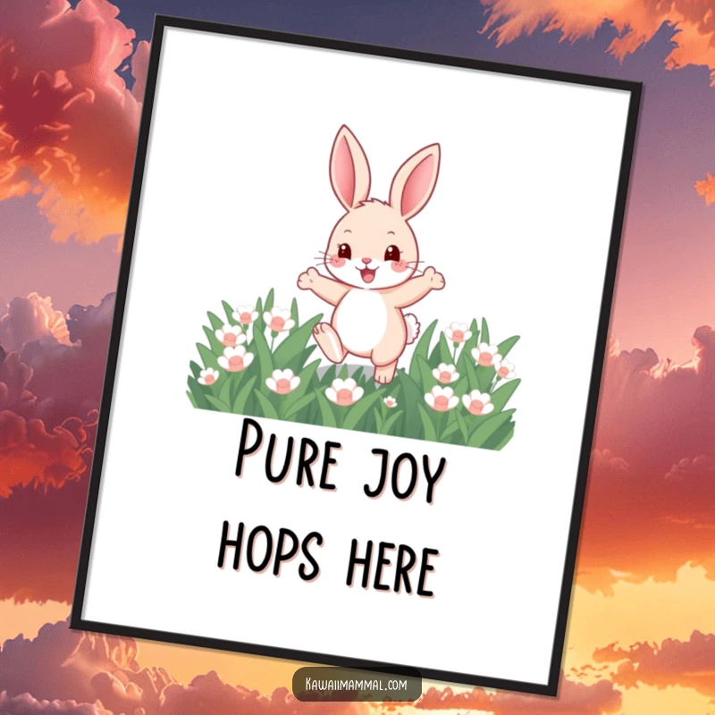 Funny digital art print of a cute bunny joyfully hopping through clover, capturing the vibrant spirit of spring and nature.