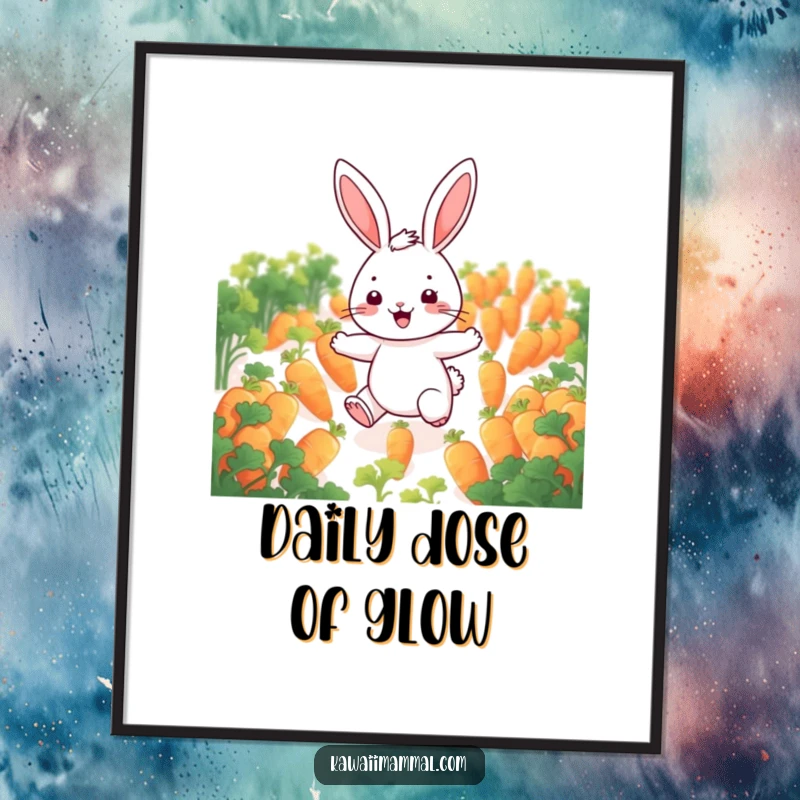 Funny rabbit digital art print of a cheerful character hopping through glowing carrots, radiating whimsical energy and happiness for your walls.