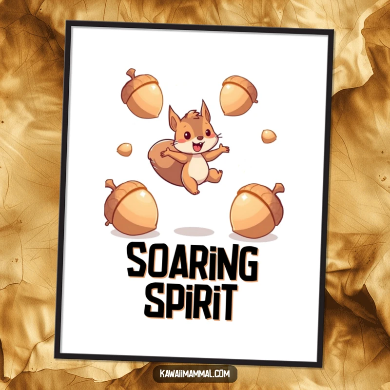 Funny squirrel digital art print of an energetic character leaping between giant, sparkling acorns, radiating dynamism and playful abundance.